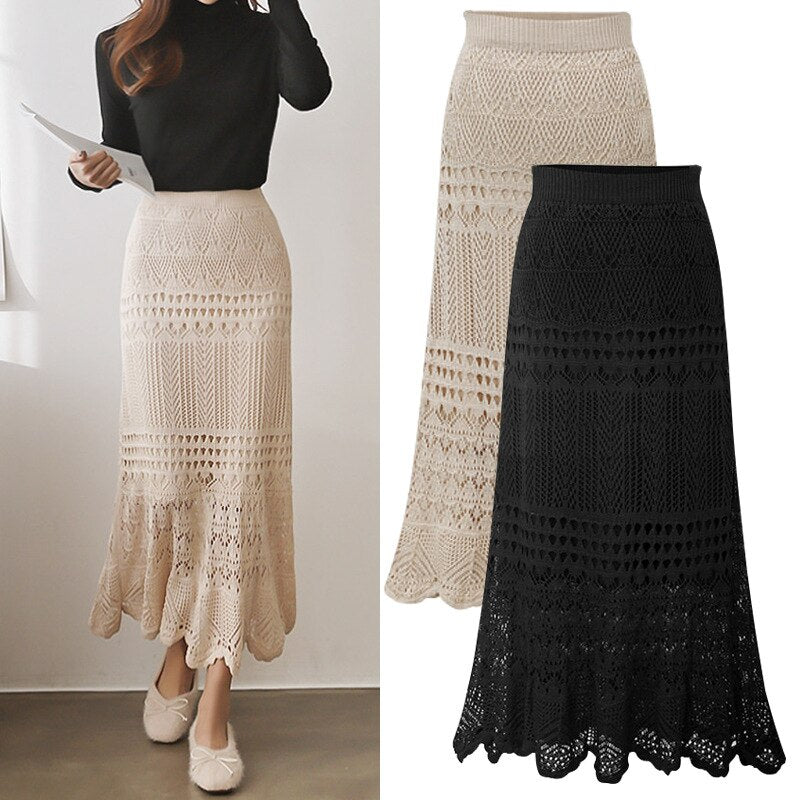 funninessgames   Korean  New Women Knitting Long Skirts High Waist Flower Hollow Knitted Female Classic Loose Large Long Skirt