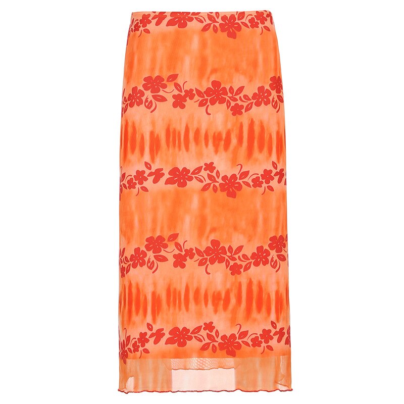 funninessgames   New Floral Printed Skirts Y2k Orange Fairy Grunge Long Skirts Women Vintage Cute Skirts  Summer Skirts Fashion Holiday Skirt