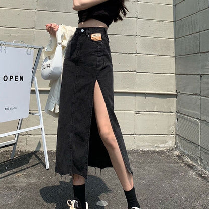 funninessgames Hem Single Slits Zipper A-Line High Waist Side Slit Denim Casual Long Skirt Female Summer  New Thin Girl Bag Hip Ins Tide