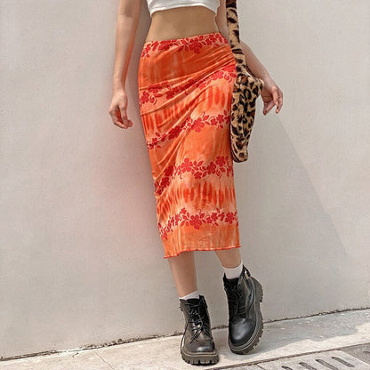 funninessgames   New Floral Printed Skirts Y2k Orange Fairy Grunge Long Skirts Women Vintage Cute Skirts  Summer Skirts Fashion Holiday Skirt