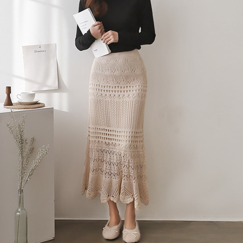 funninessgames   Korean  New Women Knitting Long Skirts High Waist Flower Hollow Knitted Female Classic Loose Large Long Skirt