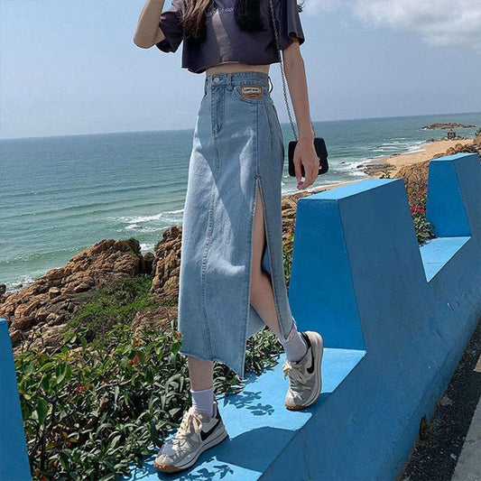 funninessgames Hem Single Slits Zipper A-Line High Waist Side Slit Denim Casual Long Skirt Female Summer  New Thin Girl Bag Hip Ins Tide