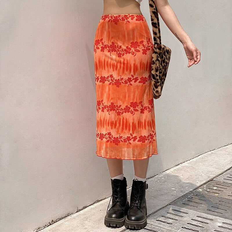 funninessgames   New Floral Printed Skirts Y2k Orange Fairy Grunge Long Skirts Women Vintage Cute Skirts  Summer Skirts Fashion Holiday Skirt