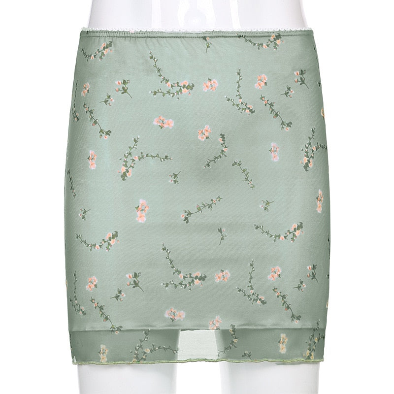 funninessgames   New  Light Green Floral Printed Two-Layers Y2k Mini Skirts Harajuku 90S Korean Retro Straight Women Aesthetic Summer Outfits