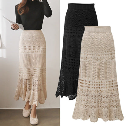 funninessgames   Korean  New Women Knitting Long Skirts High Waist Flower Hollow Knitted Female Classic Loose Large Long Skirt