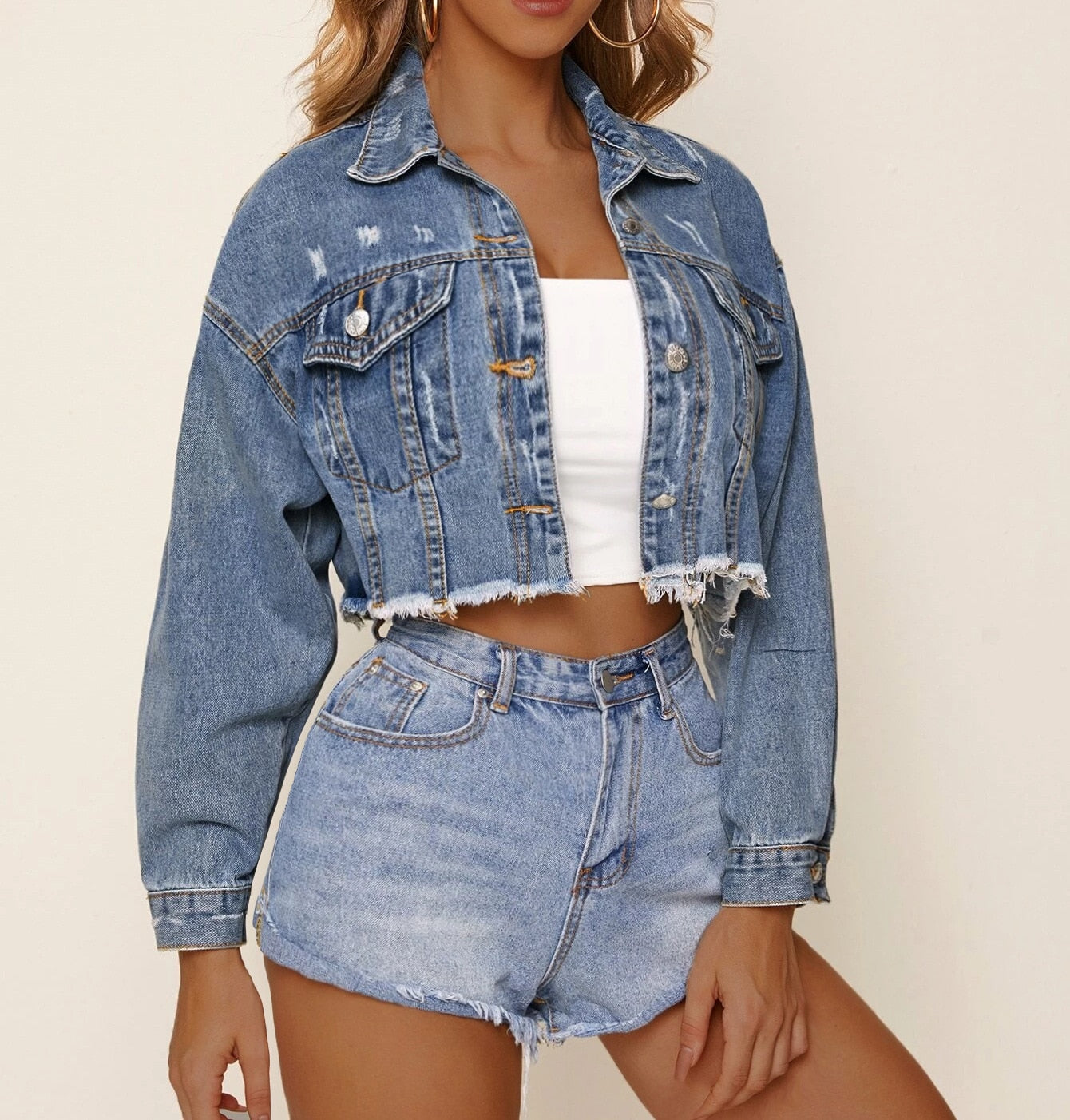 funninessgames Women's Denim Cropped Jacket Autumn Fashion Single Breasted Short Jeans Jacket Female Streetwear Casual Pockets Long Sleeve Coat