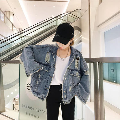 funninessgames Loose Women Denim Jacket Vintage Harajuku Jeans Jacket Female Casual Fashion Turn-Down Collar Single-Breasted Oversized Coat