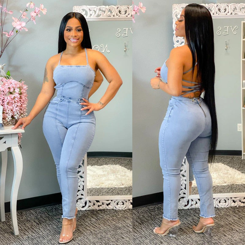 funninessgames   Plus Size Sexy Back Lace Up Bandage Hollow Out Jumpsuit Women Off Shoulder Denim Long Jumpsuit Sleveless Summer Jeans Overalls