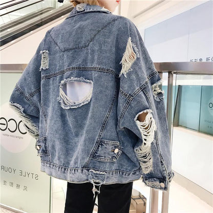 funninessgames Loose Women Denim Jacket Vintage Harajuku Jeans Jacket Female Casual Fashion Turn-Down Collar Single-Breasted Oversized Coat