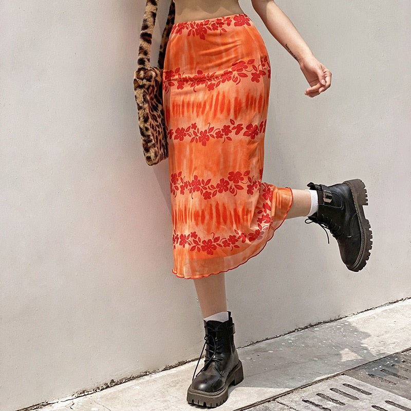 funninessgames   New Floral Printed Skirts Y2k Orange Fairy Grunge Long Skirts Women Vintage Cute Skirts  Summer Skirts Fashion Holiday Skirt