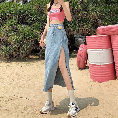 funninessgames Hem Single Slits Zipper A-Line High Waist Side Slit Denim Casual Long Skirt Female Summer  New Thin Girl Bag Hip Ins Tide