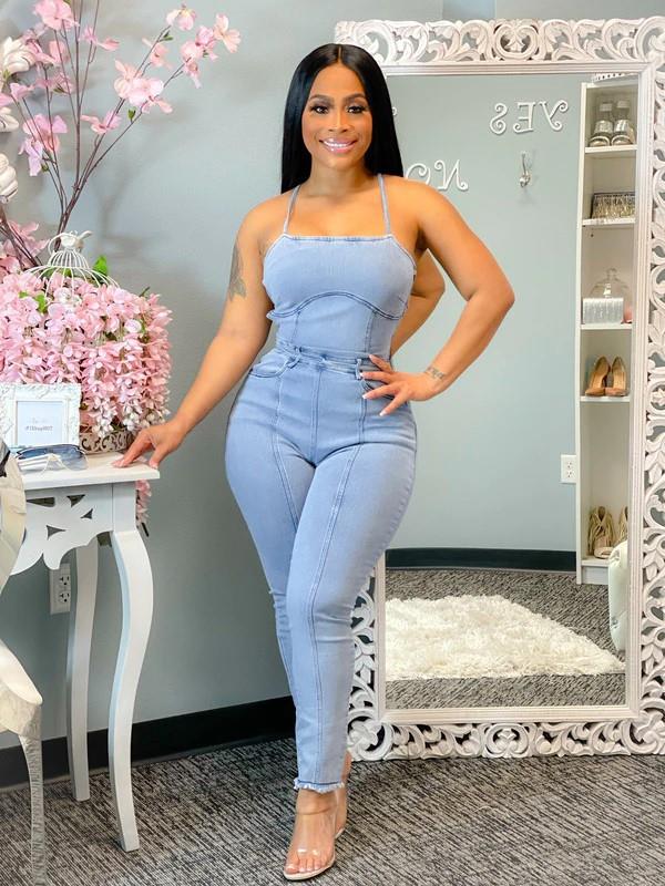 funninessgames   Plus Size Sexy Back Lace Up Bandage Hollow Out Jumpsuit Women Off Shoulder Denim Long Jumpsuit Sleveless Summer Jeans Overalls