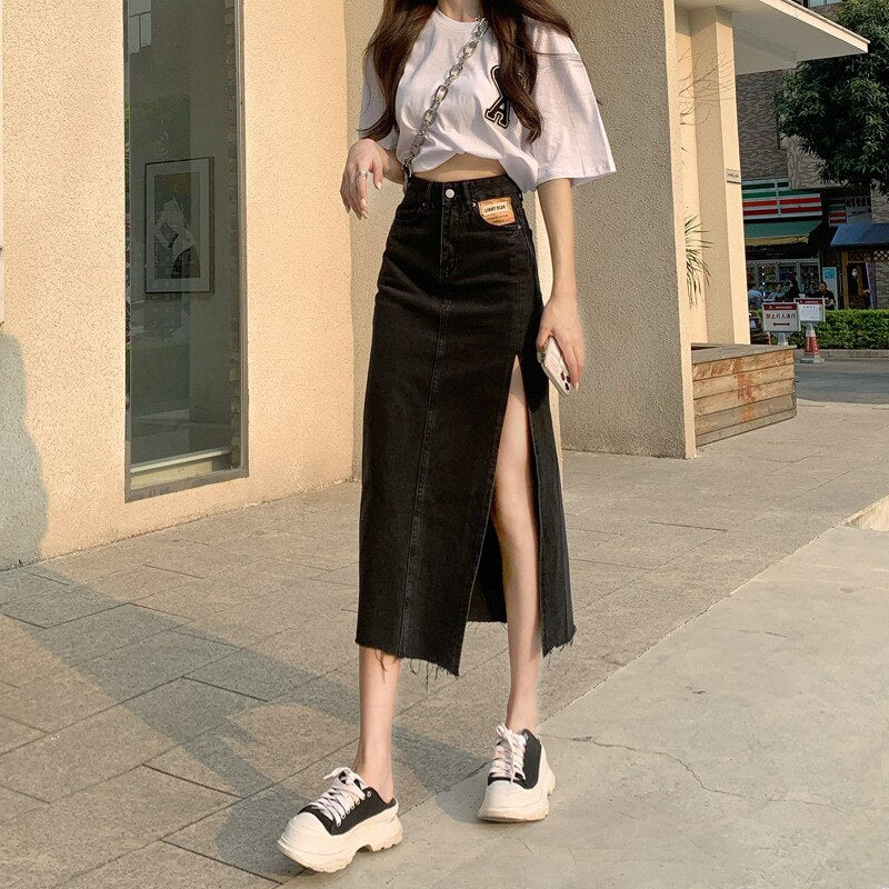 funninessgames Hem Single Slits Zipper A-Line High Waist Side Slit Denim Casual Long Skirt Female Summer  New Thin Girl Bag Hip Ins Tide