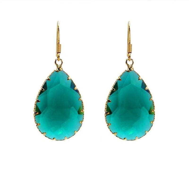 Emerald water drop retro copper hook long earrings