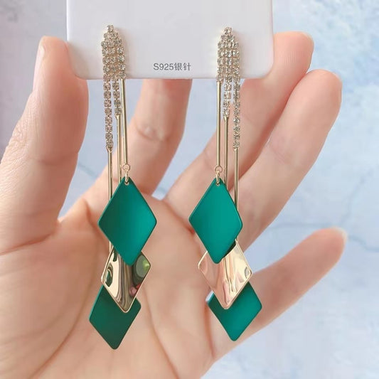 S925 silver needle blue-green long-width tassel earrings