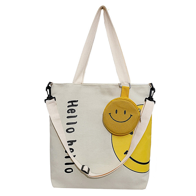 Fresh Shoulder Bag Women's Sweet Smiley Face Portable Canvas Bag Casual Cute Crossbody Bag Training Student Tuition Bag