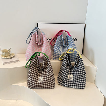 Canvas Bucket Bag Female  New Trendy Bag Color-Contrast Check One Shoulder Bag College Student Literary Commuter Tote