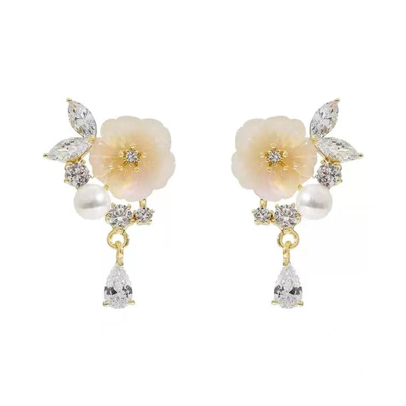 Zircon pearl flower S925 silver needle earrings