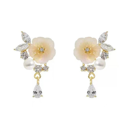 Zircon pearl flower S925 silver needle earrings