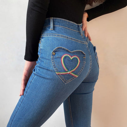 funninessgames - Rainbow Love Heart Bell Bottom Jeans ~ HANDMADE