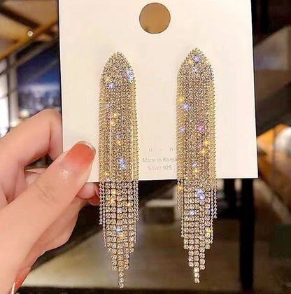 Rhinestone long tassel s925 earrings