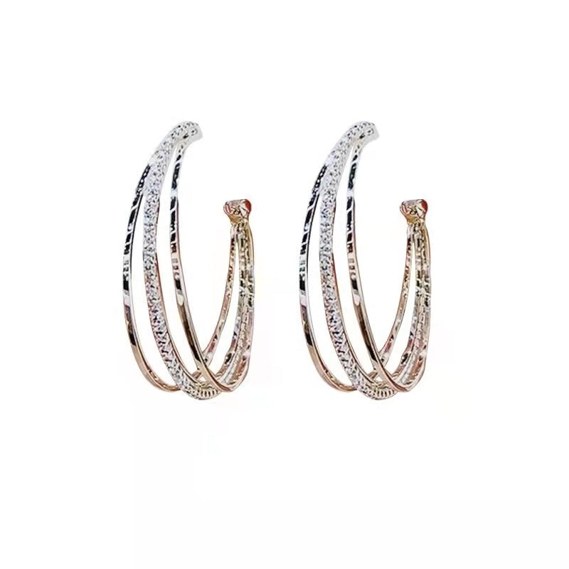 Rhinestone C-shaped S925 silver pin ring metal earrings