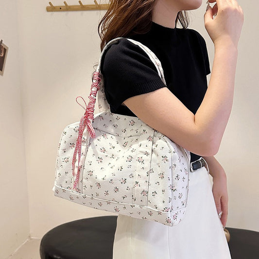 New Floral Women's Bag Simple Sweet Lady Shoulder Canvas Bag Large Capacity Underarm Bag Cross-Border Supply Wholesale
