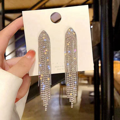 Long style tassel rhinestone s925 earrings