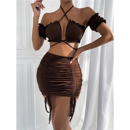 European and American Style Hot Girl Sexy Ruffle Sleeveless Two-Piece Set Hollow out Strap Ruffle Hip New Summer Dress