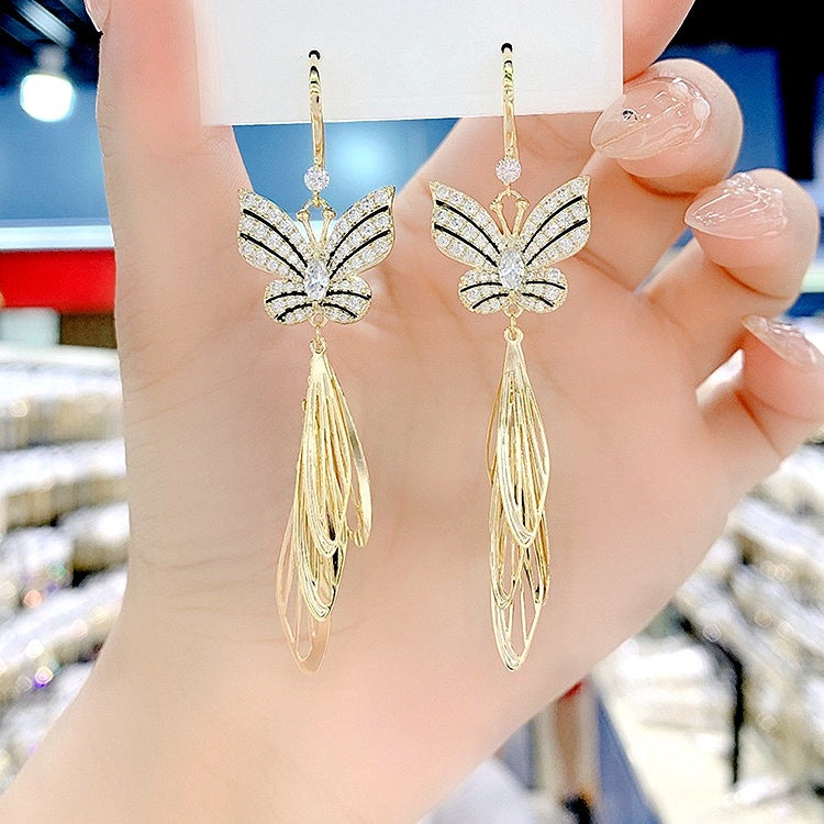 Rhinestone long tassel s925 earrings