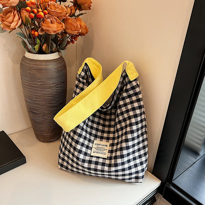 Canvas Bucket Bag Female  New Trendy Bag Color-Contrast Check One Shoulder Bag College Student Literary Commuter Tote