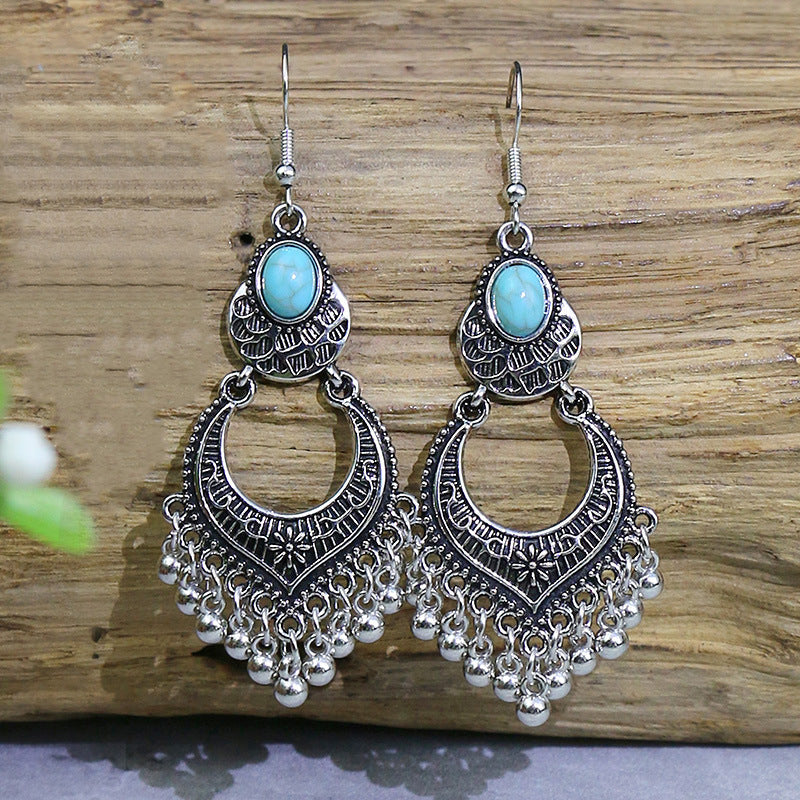 Turquoise ancient silver geometric metal tassel earrings