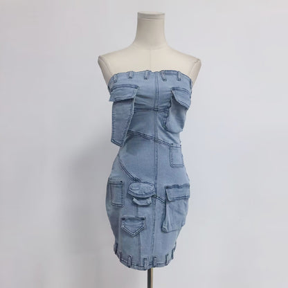 2024  Hot Selling Product Bags Stitching Sexy Tube Top Hip-Wrapped Short Denim Dress Summer Women's Clothing