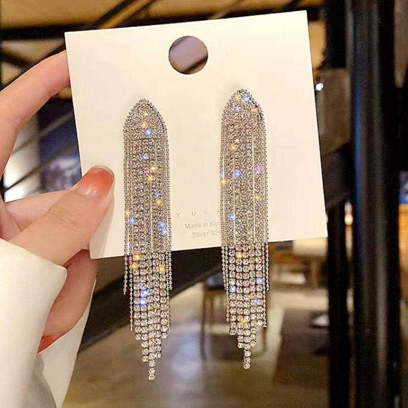 Rhinestone long tassel s925 earrings