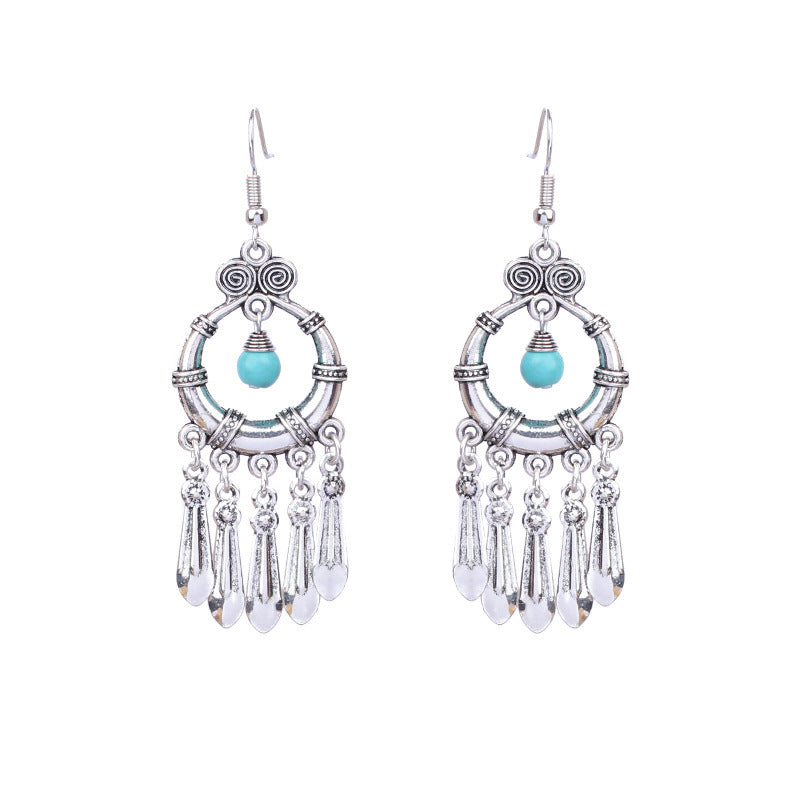 National retro silver Bohemian turquoise tassel earrings