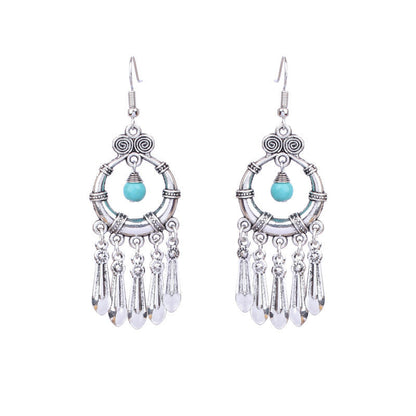 National retro silver Bohemian turquoise tassel earrings