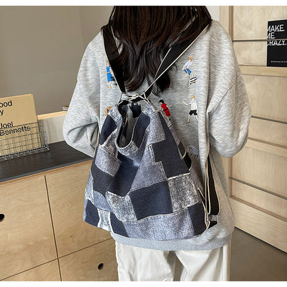 Checked Canvas Bag Women's Shoulder Bag  Cross-Border New Arrival Popular Stitching Geometric Cloth Bag Casual Tote Bag Tide