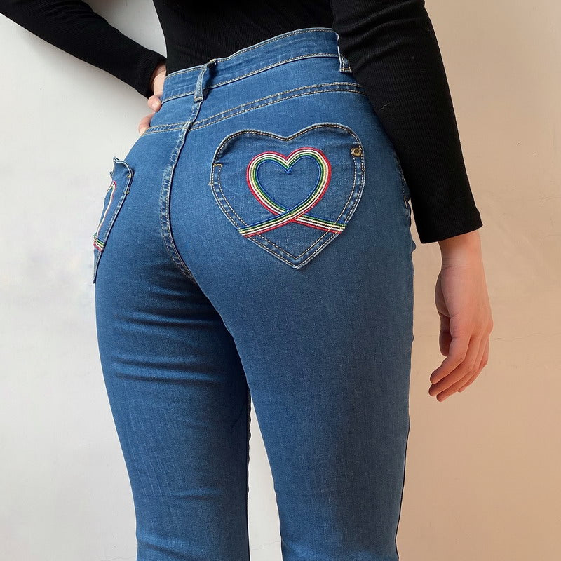 funninessgames - Rainbow Love Heart Bell Bottom Jeans ~ HANDMADE