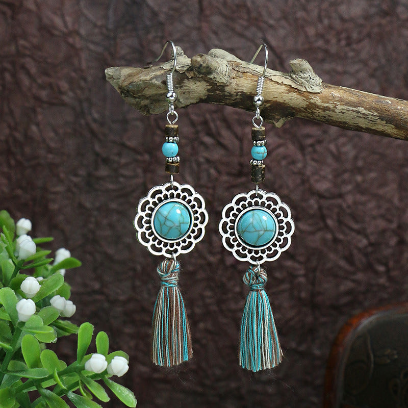 Turquoise ancient silver geometric metal tassel earrings