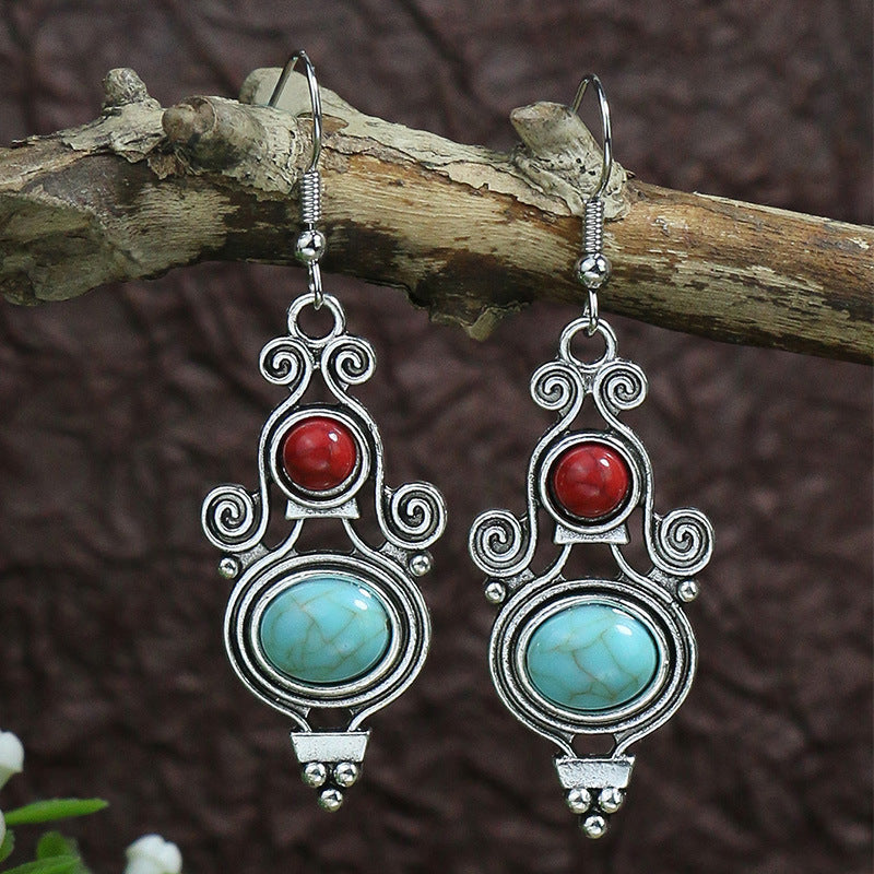 Turquoise ancient silver geometric metal tassel earrings