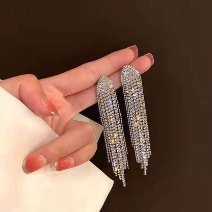 Long style tassel rhinestone s925 earrings