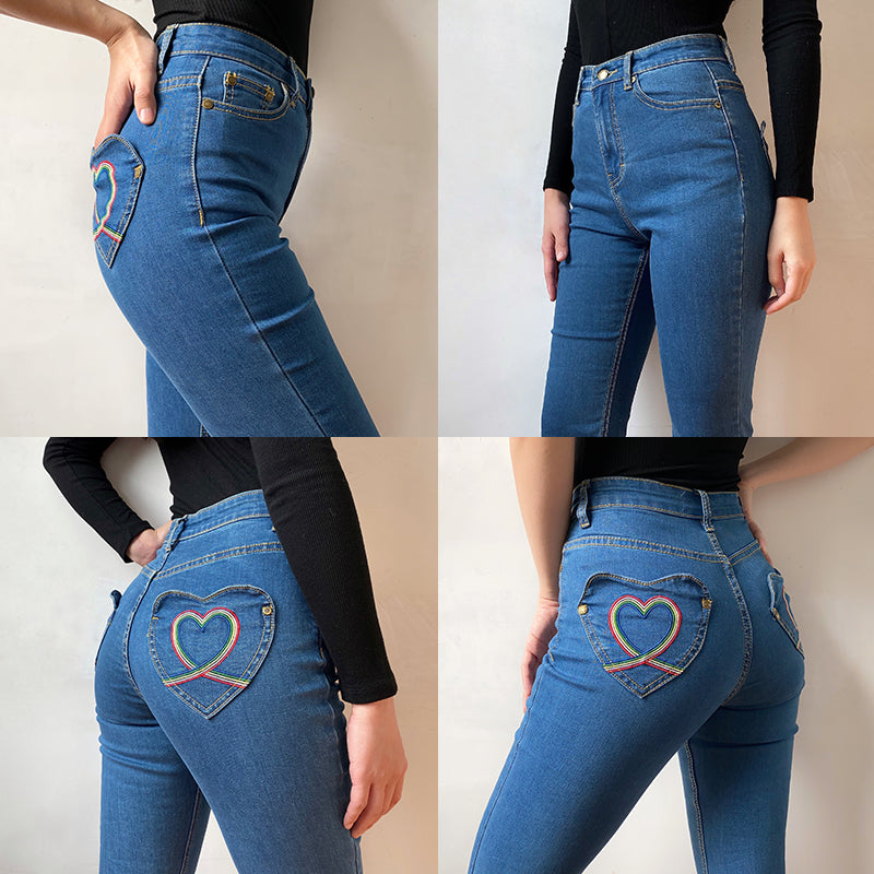 funninessgames - Rainbow Love Heart Bell Bottom Jeans ~ HANDMADE