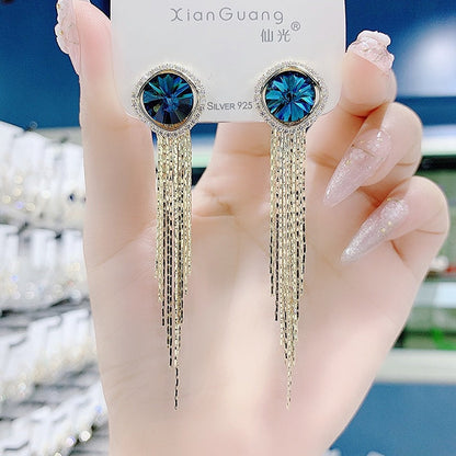 Rhinestone long tassel s925 earrings