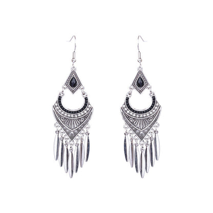 Fashion exaggerated silver round green diamond tassel earrings