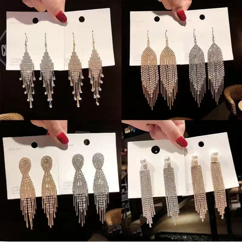 Rhinestone long tassel s925 earrings