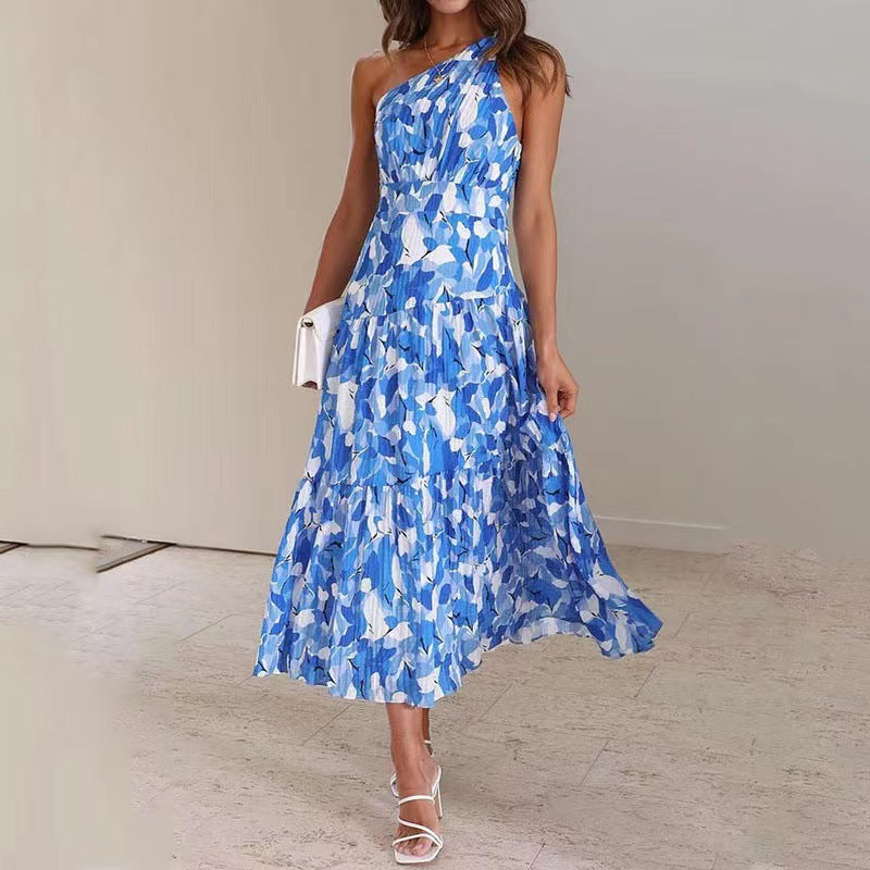European and American Hot Trade   2023 Summer Women's Printed Sleeveless Slim-Fit Oblique Shoulder Large Swing Maxi Dress