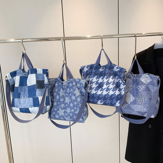 Retro Patchwork Contrast Color Denim Canvas Large Capacity Bag for Women  New Fashion Retro Tote Bag Shopping Bag