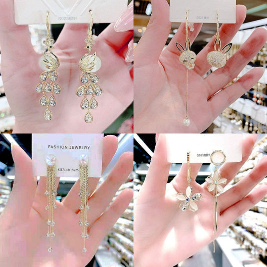 Bowknot geometric tassel long pearl rhinestone earrings