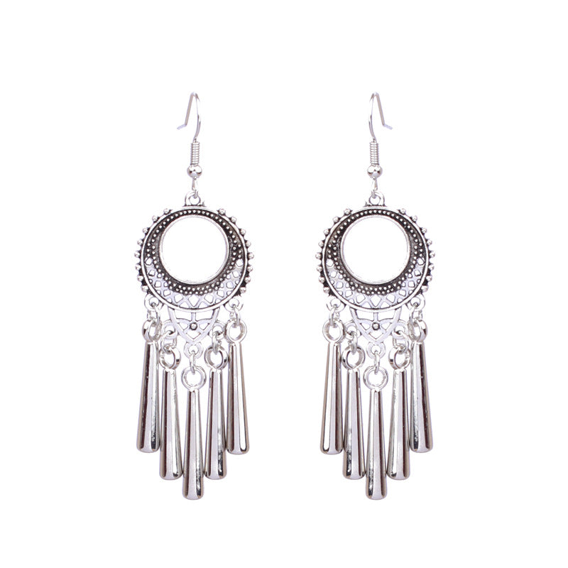 National retro silver Bohemian turquoise tassel earrings