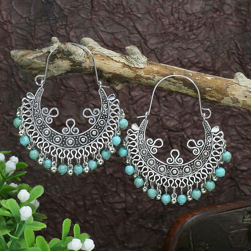 Turquoise ancient silver geometric metal tassel earrings